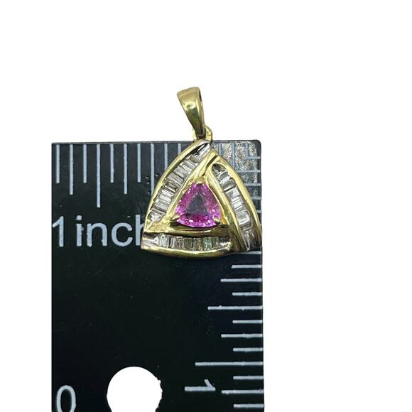 10K Yellow Gold, Pink Stone & Baguette Diamond, Triangular Pendant (15535) - Picture 5 of 5